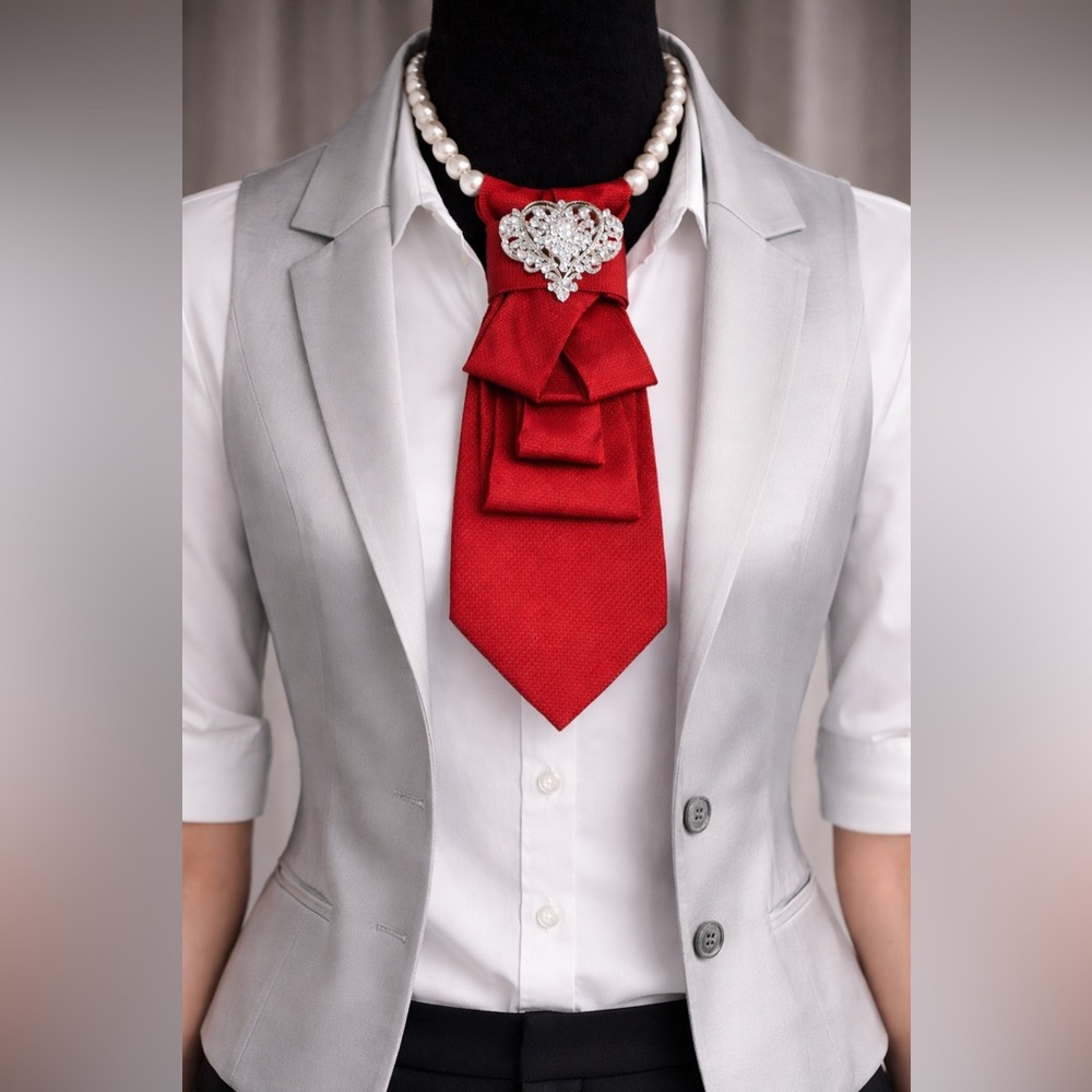 Red Necktie Necklace Rhinestone Crystal Heart Brooch OOAK Handcrafted